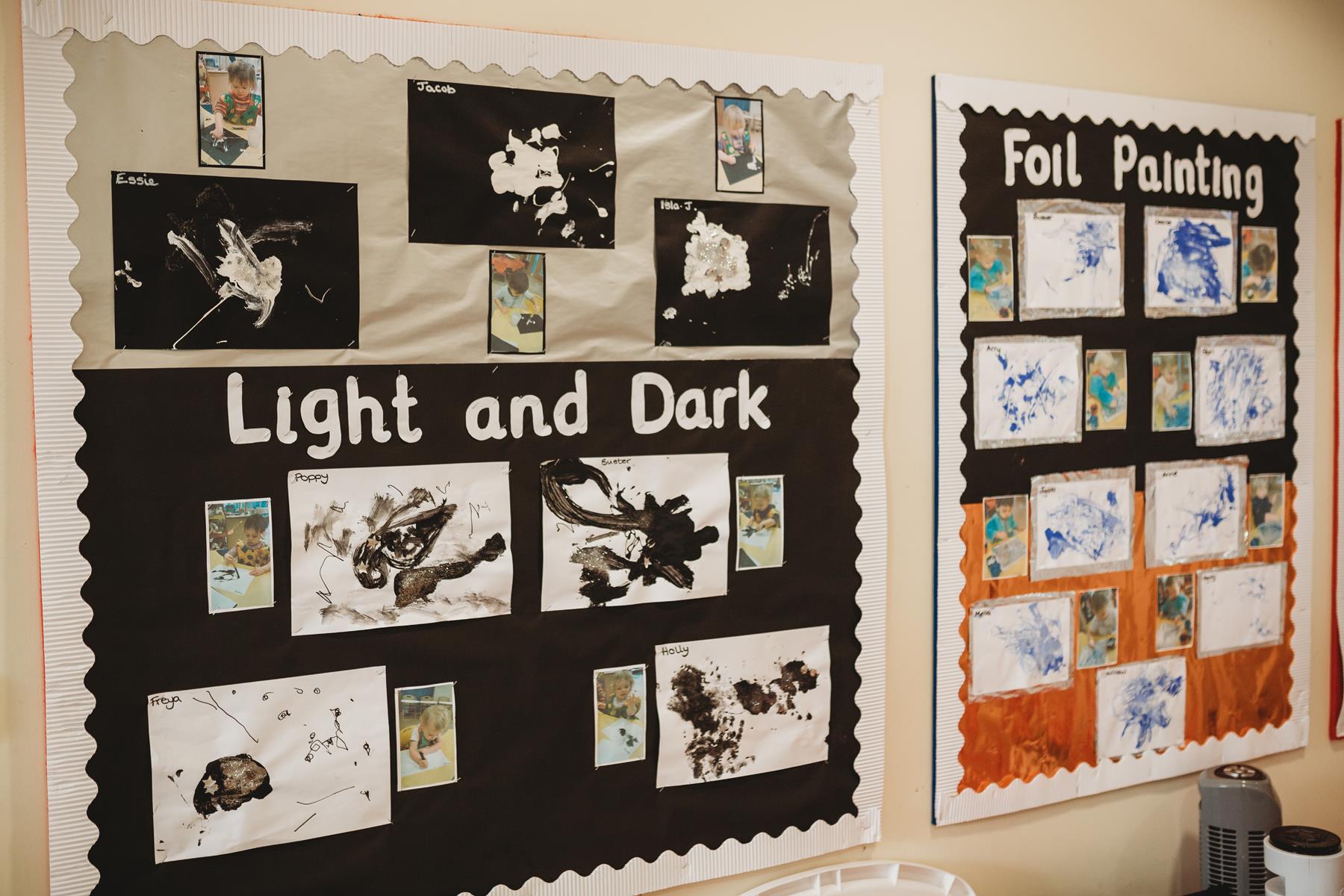 pre-school display board showing things that are light and dark