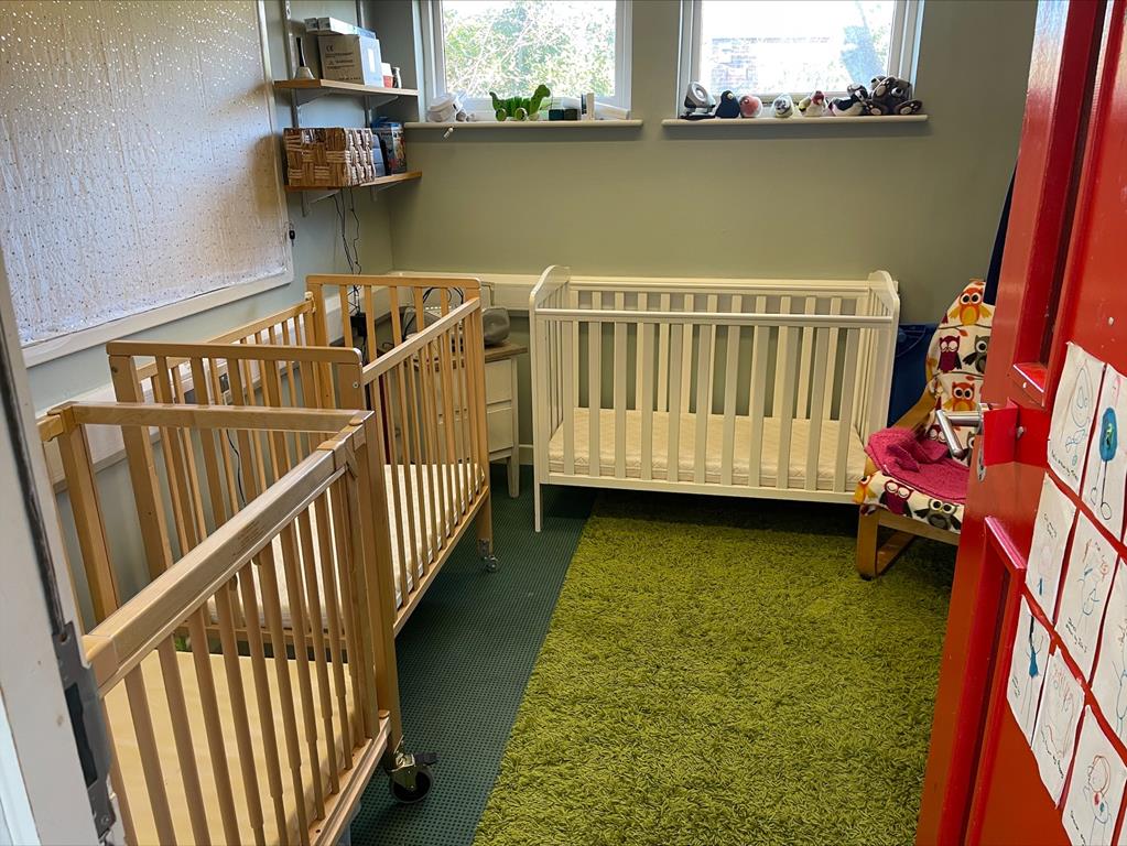 Nursery sleep room, with three wooden cots, armchair, and a soft green rug on the floor.